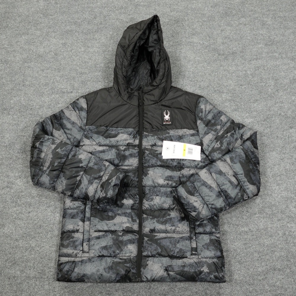 Spyder Puffer Jacket Mens Medium Black Grey Camo Circuit Block Hooded Insulated